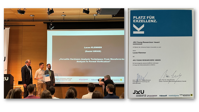 Left side shows the ceremony where the award is handed over to Lucas Klemmer. Right side shows the certificate